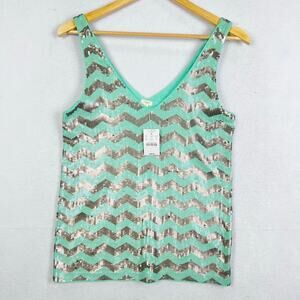 NEW J. CREW Aqua Silver Chevron SEQUIN Zig Zag Cotton Tank Top Small
